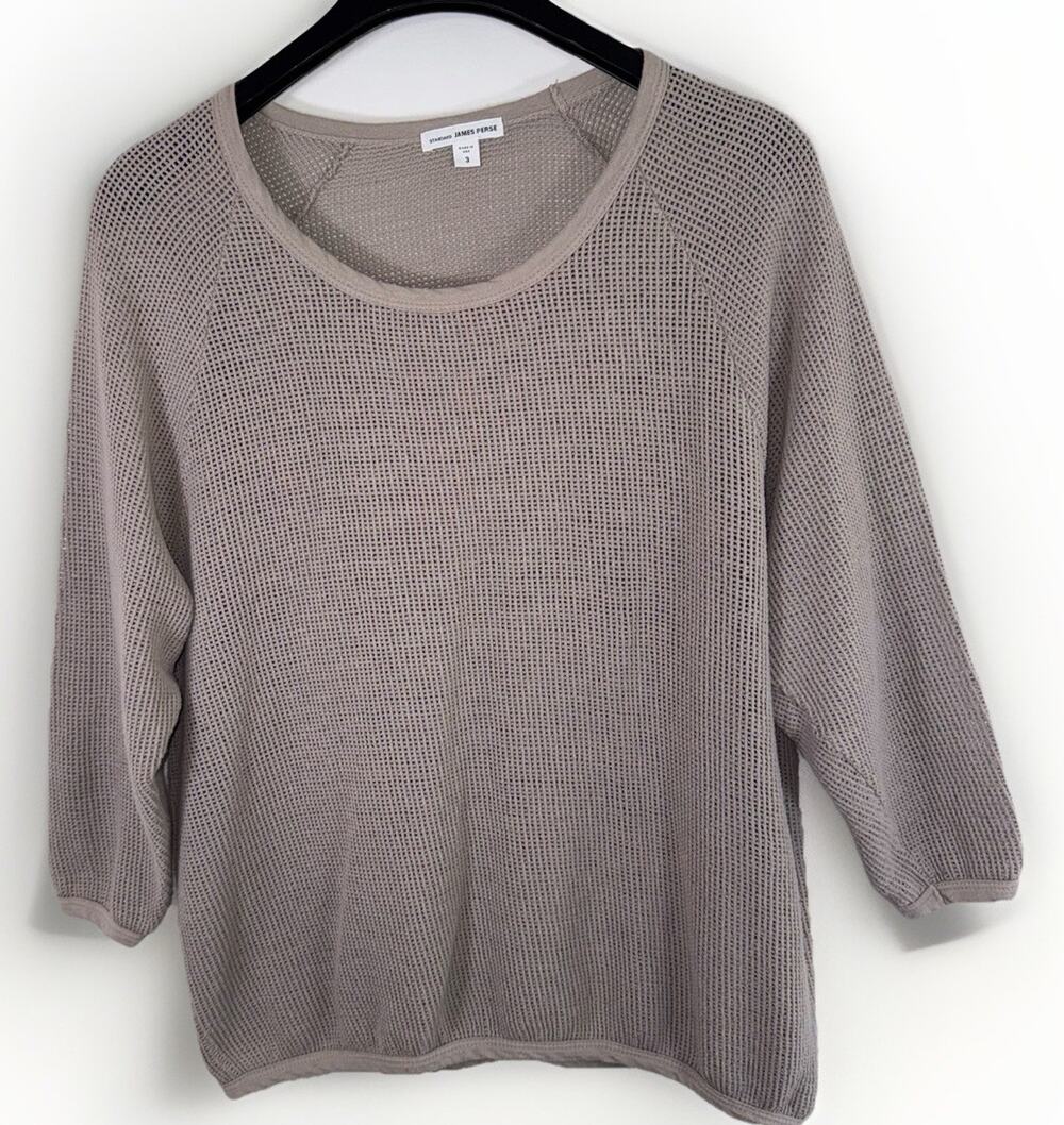 James Perse Standard Tan Mesh Knit 3/4 Sleeve Lightweight Quiet Luxury Top Sz 3